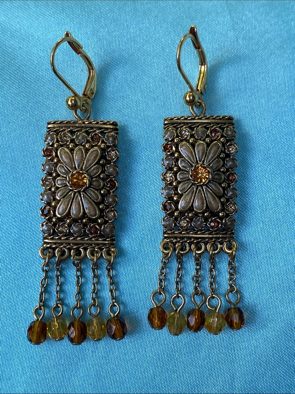 Signed Joan Rivers Gold Tone Floral Dangle Earrings with Amber color Bead Fringe